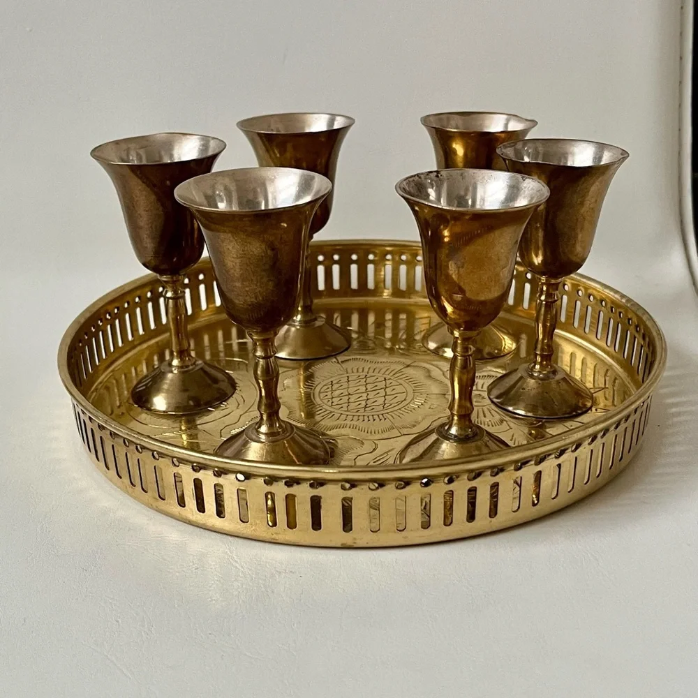 Elegant Brass and Silver Goblet Set with Tray